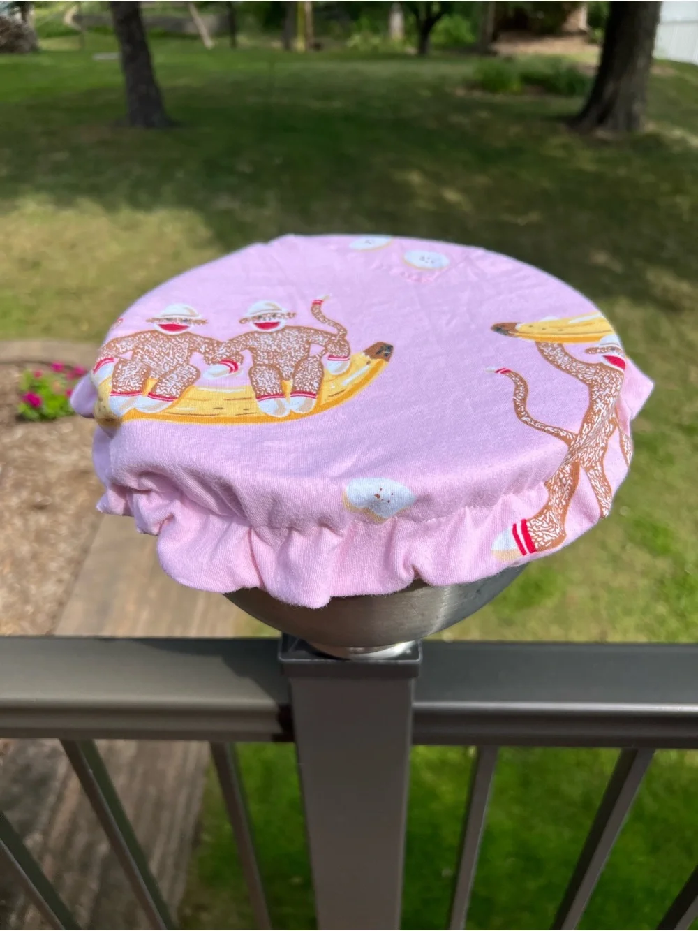 Hand sewn Pink Sock Monkey and Banana Kitchen aid standard mixing bowl cover